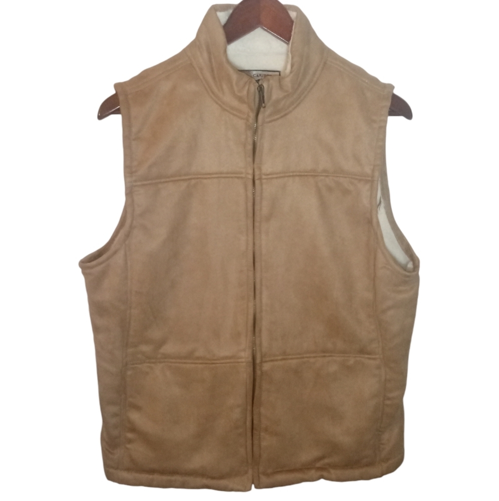Caribbean Joe Fleece Lined  Cozy Warm Tan Suede Zip Front Vest Size L
